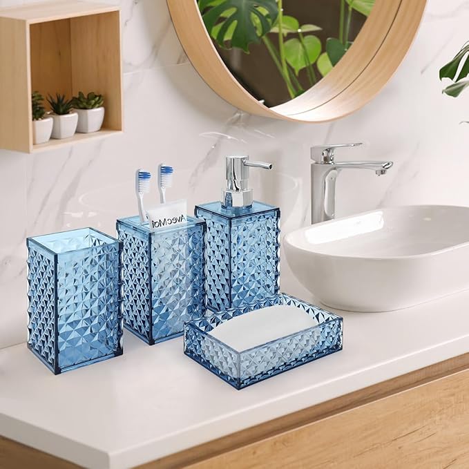 Bathroom Accessories Set, 4 Pcs Bathroom Decor Bathroom Sets Accessories, Diamond Soap Dispenser, Bathroom Tumbler, Soap Dish and Toothbrush Holder Set, Boho Bathroom Decor Blue