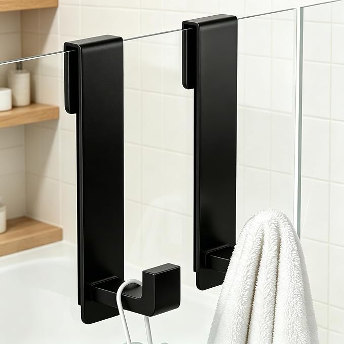 WUIVIUT Heavy-Duty Stainless Steel Over The Glass Door Shower Hooks - Towel Hooks for Frameless Shower Glass Door Bathroom Holder for Washroom(L Shape 2 Pack, Fits 3/8'' Thick)