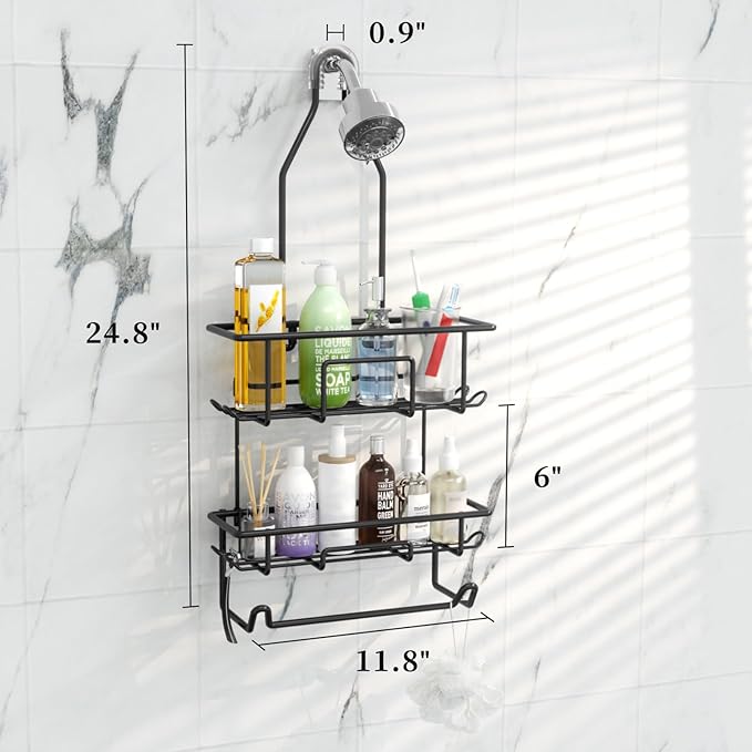 TreeLen Shower Caddy Hanging over Shower Head with 10 Hooks for Razor Large Shampoo Holder Shower Hanger Rack Bathroom Organizer- (Black, 11.8x4.1x24.8)