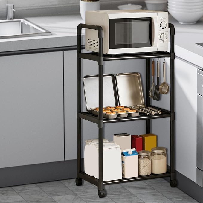 3-Tier Storage Rack Black Metal Shelves Shelf Storage Shelving Shelf Rack for Microwave Cookware Organizer Kitchen Storages Rack for Living Room Office Bathroom Garage Storage Shelves Gifts for Women
