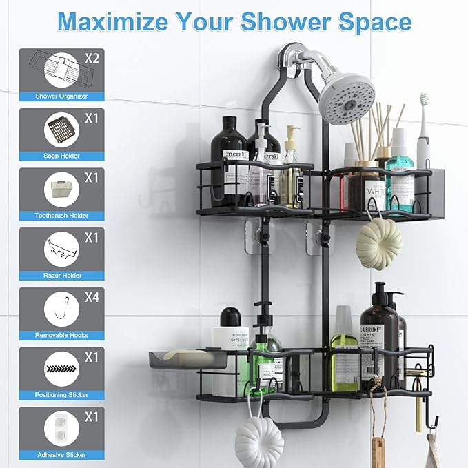 Shower Caddy Hanging Organizer, Rustproof Shower Organizer Hanging for Handheld Showerhead with Hooks for Razor/Sponge, Bathroom Caddy Rack Shower Shelves for Shampoo Soap Towels, Black
