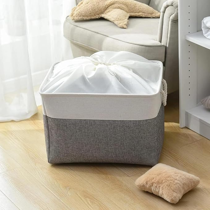 TheWarmHome Storage Bins Baskets for Organizing, 20.5L×15.7W×13.8H 3 Pack Sturdy Fabric Storage Basket W/Handles, Decorative Foldable Storage Baskets for Shelves Closet Nursery Toy (White & Grey)