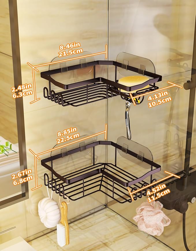 SWTYMIKI Stainless Steel Corner Shower Caddy, Shower Storage Basket Shelves with 11 Hooks, 2-Pack Shower Organizers Built-in Soap Holder No Drilling Shower Racks for Bathroom, Bronze