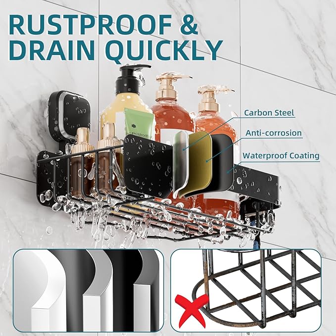 TAILI Shower Caddy Suction Cup 2 Pack,Stainless Steel Rustproof Shower Shelves,No Drilling Wall Mounted Basket,Large Capacity,Removable Suction Cup Bathroom Organizers & Home Decor,Black