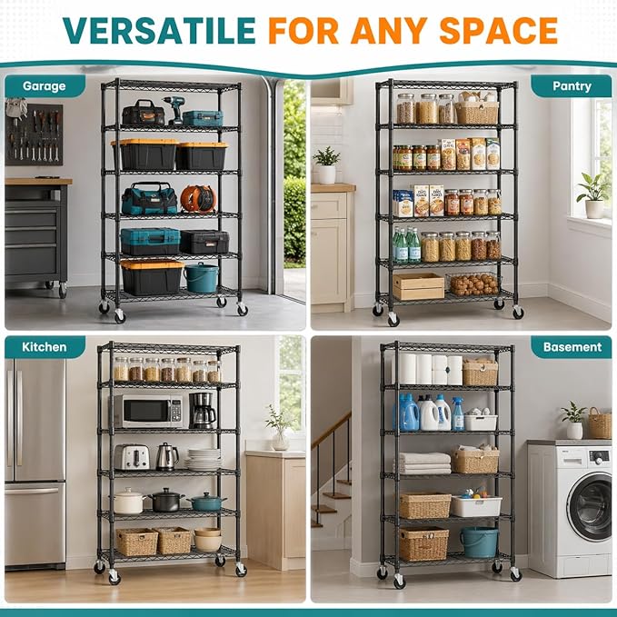 6-Tier Heavy Duty Wire Shelving Unit with Wheels or Leveling Feet, 6000 LBS Total Capacity, Adjustable Metal Storage Rack for Garage, Pantry, Kitchen, Basement, 48" W x 18" D x 76" H, Black