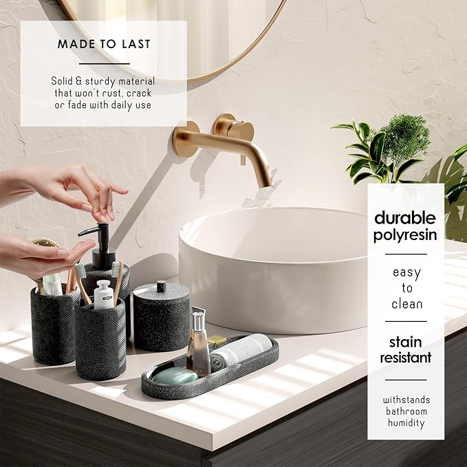 Clara Clark Bathroom Set - Coal Black Bathroom Accessories Set, 24PC Bathroom Accessory Set, Bathroom Sets with Shower Curtain Set, Adhesive Corner Shower Caddy Hanging & Soap Dispenser