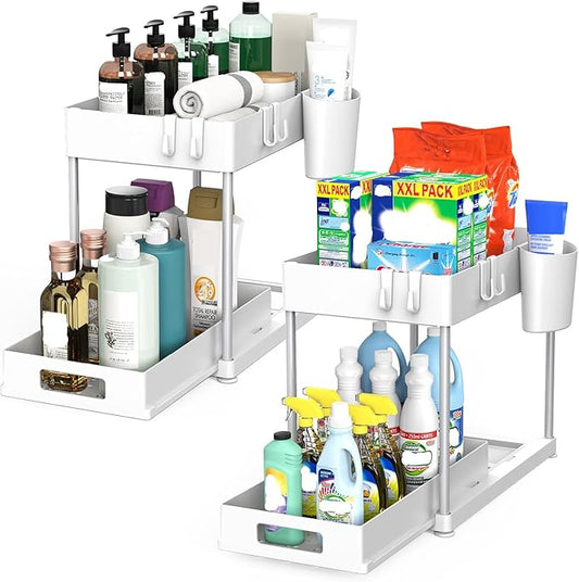 2 Pack Under Sink Organizer with Pull-Out Drawer, 2-Tier Cabinet Storage for Kitchen & Bathroom, Tool-Free Assembly, Fits Cleaning Supplies & Toiletries, Space Saving for Small Cabinets, White