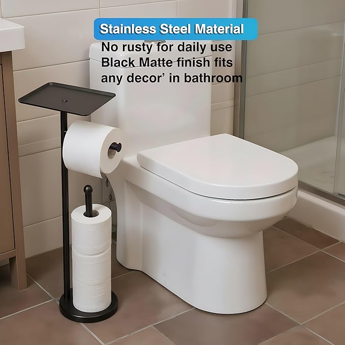 Toilet Paper Holder with Shelf, Freestanding Toilet Paper Stand with Storage Space for Holding Extra 4 Toilet Paper Rolls (Stainless Steel Base, Black)