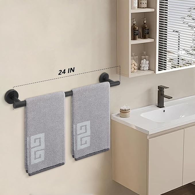 NearMoon Bath Towel Bar, Thicken Stainless Steel Shower Towel Rack Holder Wall Mounted for Bathroom, 24-lnch Overall Length-21-lnch Usable Hanging Space (2 Pack, Matte Black)