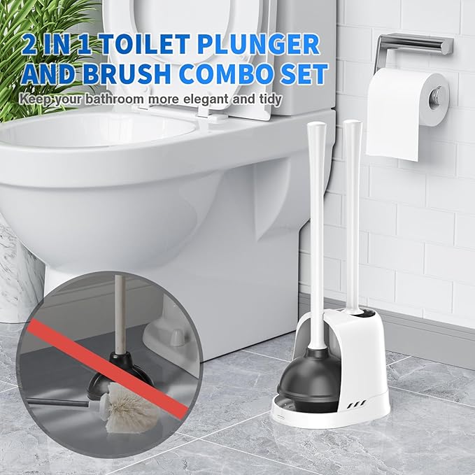 LOVLOY Toilet Plunger and Brush, Bowl Brush and Heavy Duty Toilet Plunger Set with Ventilated Holder, 2-in-1 Toilet Brush and Plunger Combo for 5.3-inch Toilet Drain Bathroom Cleaning (White)