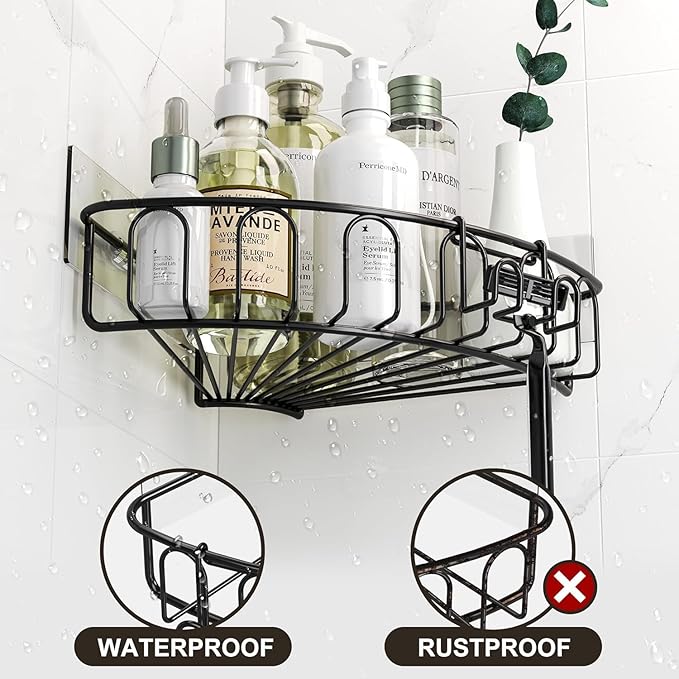 Orimade Corner Shower Caddy Stainless Steel with Hooks Wall Mounted Bathroom Shelf Storage Organizer Adhesive No Drilling 3 Pack, Black Only for 90-Degree Corner