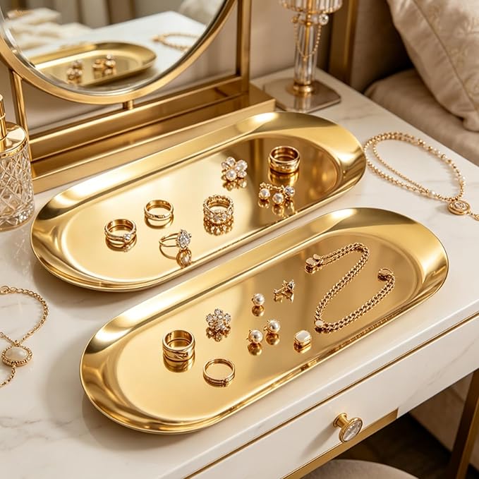 2 Pack Stainless Steel Decorative Tray, 12 Inch Oval Vanity Tray for Jewelry, Small Storage Plate for Cosmetics Organizer Bathroom Key Candle (Gold)