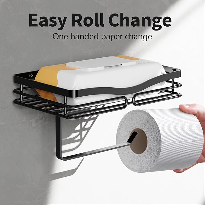 YIGII Toilet Paper Holder with Shelf, Adhesive or Drilling Tissue Roll Holder for Bathroom, Rustproof Toilet Roll Holder Wall Mounted for Phone, Wipe Storage (Matte Black)