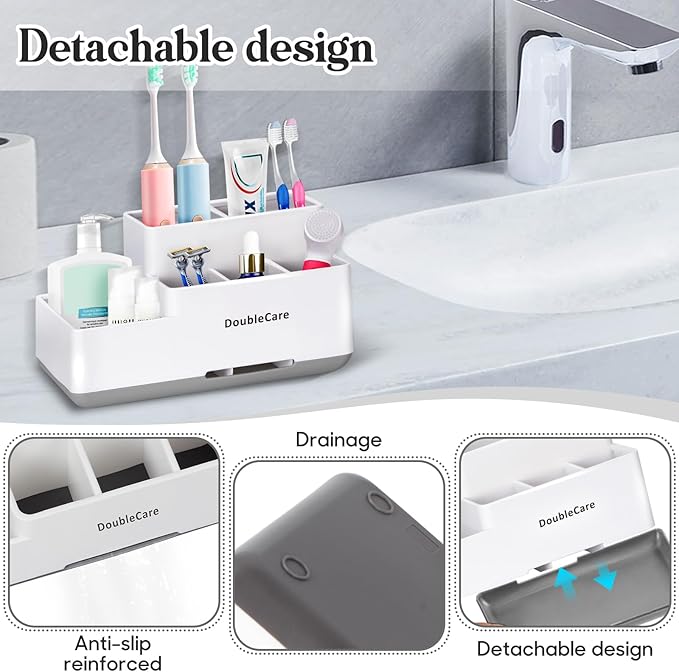 Toothbrush Holder with Anti-Slip, Bathroom Organizer Countertop Detachable for Easy Cleaning, Multifunctional Storage, Bathroom Caddy for Toothpaste, Shaver,Great for Home, Vanity Organizer, Office