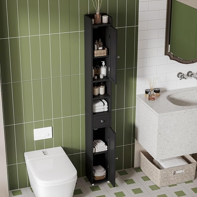 ChooChoo Narrow Bathroom Storage Cabinet with Adjustable Shelves, Tall Storage Cabinet with 2 Doors and 1 Drawer, Freestanding Cupboard for Small Spaces, Black