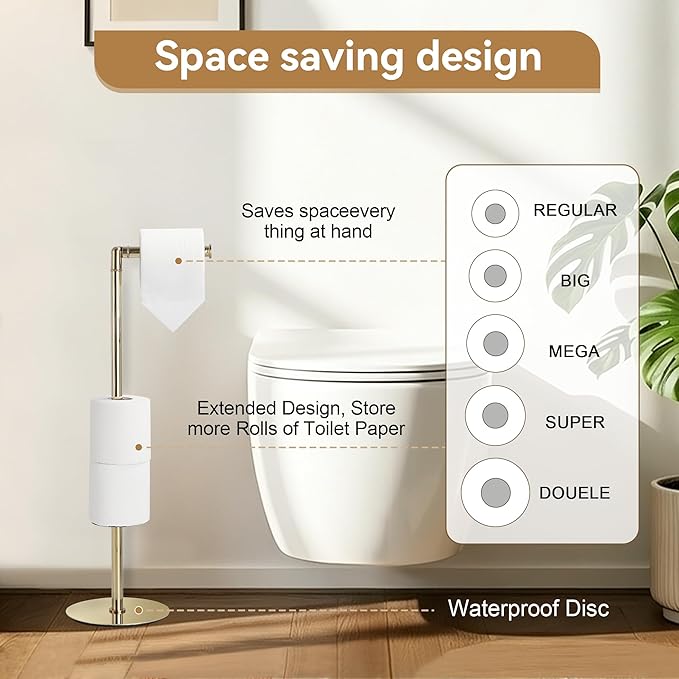 BGL Freestanding Toilet Paper Holder, Tissue Holder On Floor with Reserve Storage Paper Rolls, Roll Paper Holder Standing On Floor (Polished Gold)