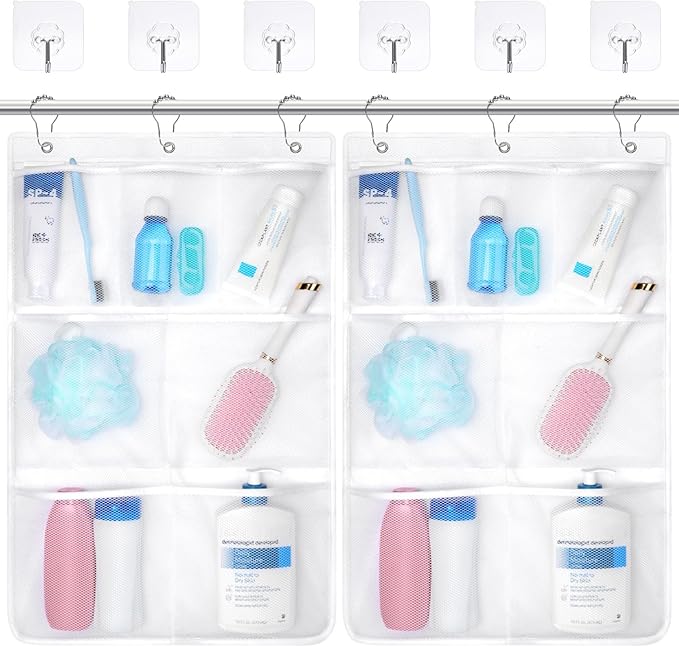 F-color Cruise Essentials 2026 - Mesh Shower Organizer Hanging with 7 Pockets for RV Gym Camping, Quick-Dry Portable Toiletry Bag with Metal Hooks for Bathroom Travel Toiletries，White+White