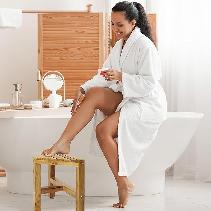 Teak Shower Stool, Teak Shower Bench, 12'' Shower Foot Rest for Shaving Legs, Waterproof Corner Shower Bench, Organizer Stool, Corner Seat for Bathroom Livingroom