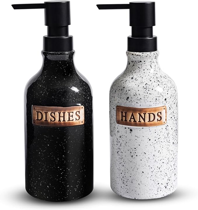 Hand and Dish Dispenser for Kitchen Sink, Ceramic Soap Dispenser Bathroom Countertop, 18 OZ Vintage Handwash Liquid Pump Dispenser for Bathroom Farmhouse Vintage Kitchen Decor