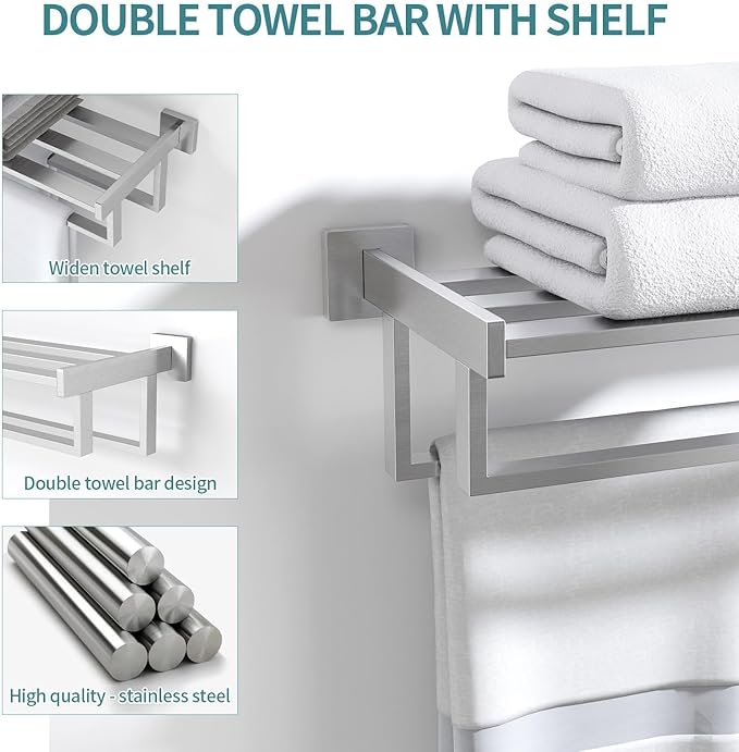 Double Towel Bar, 24 Inch Towel Racks for Bathroom Wall Mounted, Bathroom Towel Rack, Towel Rack with Shelf, Stainless Steel Hand Towel Hanger, Bath Towel Holder for Wall, Brushed Nickel