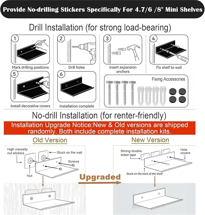 Z metnal Small Floating Shelves, Renter Friendly Mini Metal Display Shelf for Collection Action Figures, Aluminum, Adhesive & Wall Mounted, White, 6 inch, 2 Pack