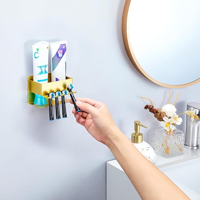 Toothbrush Head Holders, Electric Tooth Brush Head Holder, Adhesive Toothpaste Holder for Shower Bathrooms, Wall Mounted Tooth Brushing Holder Organizer Storage (Gold, Small)