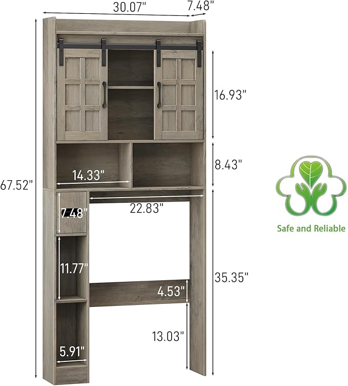 Halitaa Over The Toilet Storage Cabinet, Farmhouse Storage Cabinet Over Toilet with Sliding Doors，Home Space-Saving Toilet Rack, for Bathroom, Restroom, Laundry.Wash Grey