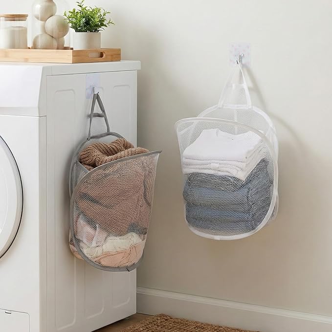 2 Pack Mesh Foldable Hanging Laundry Hamper, Small Wall Laundry Baskets Space-Saving Wall Hamper Portable Dirty Clothes Organizer for Home, Dorms, Hotels, RVs Grey White