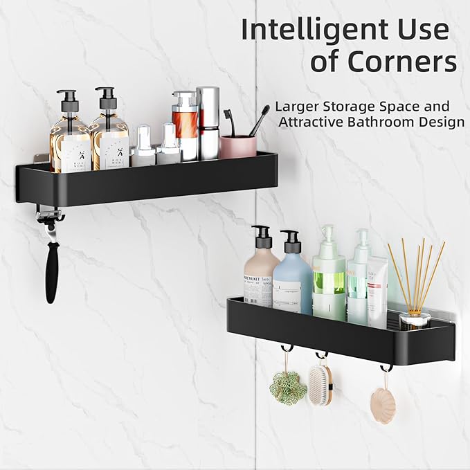Wisfame Adhesive Shower Caddy,Rustproof Shower Shelve with Large Capacity,Quick-Dry Metal Bathroom Shelves with 5 Hooks, 2 Pack Drill-Free Durable Shower Organizers and Storage, Black