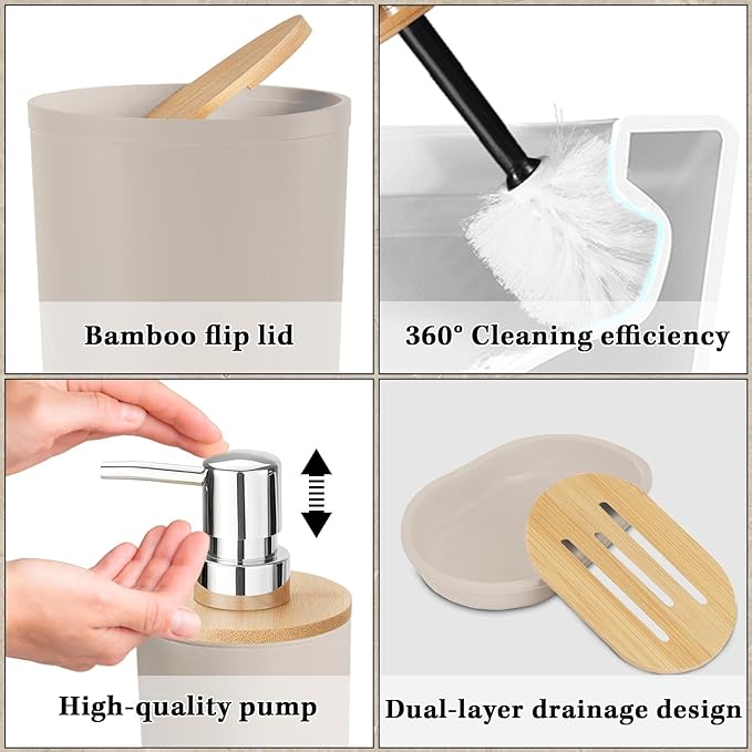 Britimes Bathroom Accessories Sets, Boho Shower Curtain Set with Trash Can, Soap Dispenser, Toilet Brush Holder, Toothbrush Holder and Toothbrush Cup for Bathroom Decor (Beige)