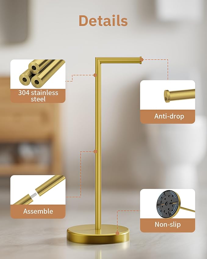 BWE Bathroom Toilet Paper Holder Stand Brushed Gold SUS304 Stainless Steel RV Modern Freestanding Toilet Paper Roll Holder for Bathroom and Washroom with Heavy Weighted Base
