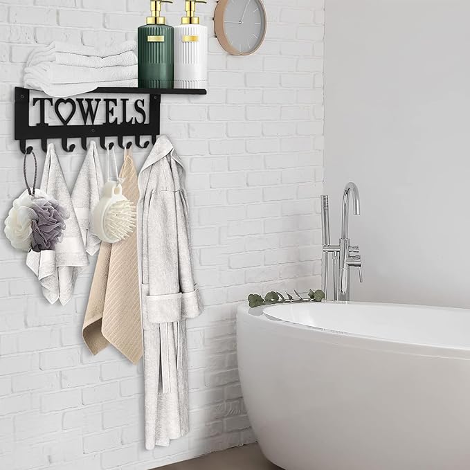 Towel Rack with Shelf 8 Hooks, Bathroom Towel Holder Metal Shelf Organizer, Wall Mounted Storage for Towels, Robes, Clothes in Bathroom, Hot Tub, Kitchen, Bedroom,Home