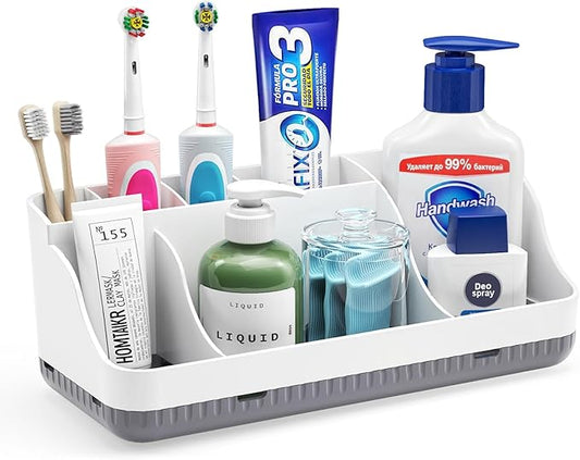 Bathroom Counter Organizer and Storage, 7 Slots Detachable Toothbrush Holders for Bathrooms, Anti-Slip Electric Toothbrush and Toothpaste Holder Countertop Vanity Organizer Accessories for Adults Kids