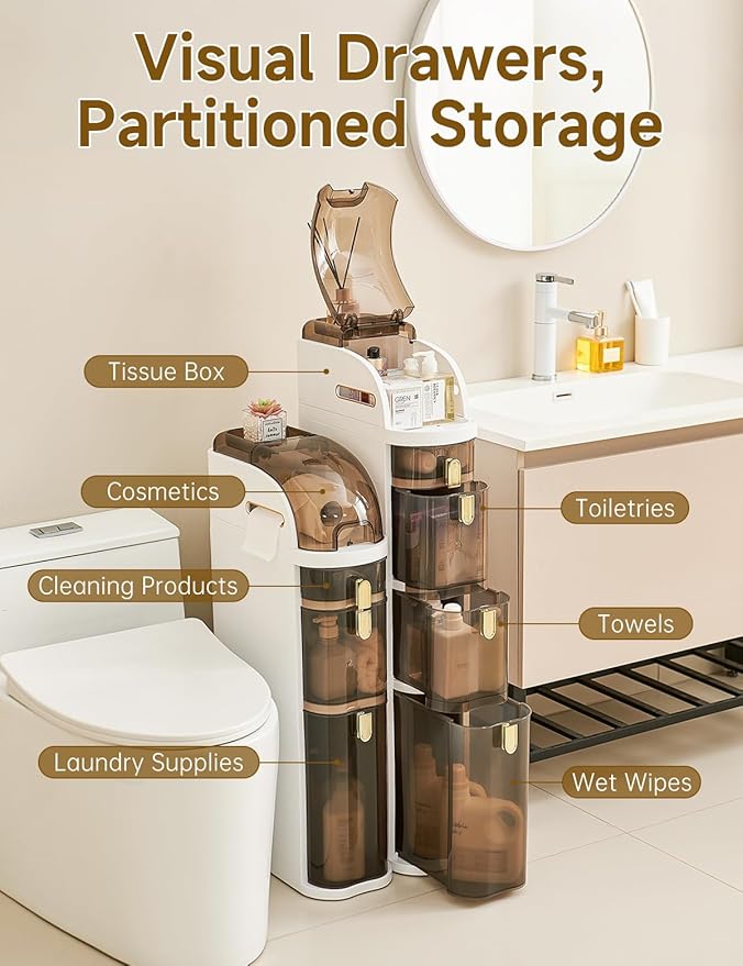 UFORU 4-Tier Slim Bathroom Storage Cabinet – 7.1" Narrow Tall Storage Cabinet, Movable Floor Waterproof Organizer Cabinets with Wheels, Drawers & Tissue Box for Small Spaces