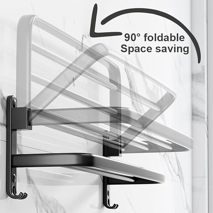 TocTen Towel Rack for Bathroom, Foldable Towel Holder with Double Towel Bars, Wall Mounted Premium Aluminum Bathroom Tower Shelf, Space-Saving Towel Hanger for Bathroom, Lavatory (Black,24 in)