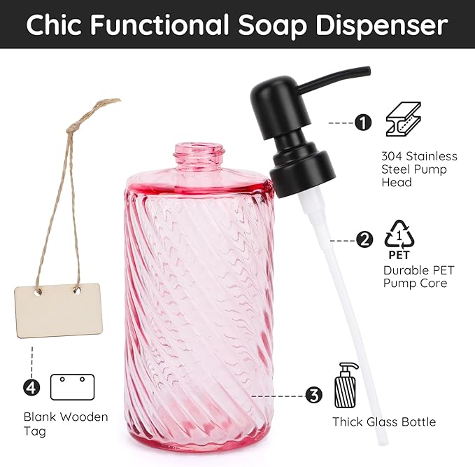Segbeauty Soap Dispenser Set, 2 Pack Refillable Glass Soap Dispenser with Stainless Steel Pump, 500ml Empty Shampoo and Conditioner Bottles for Bathroom and Kitchen Farmhouse Decor