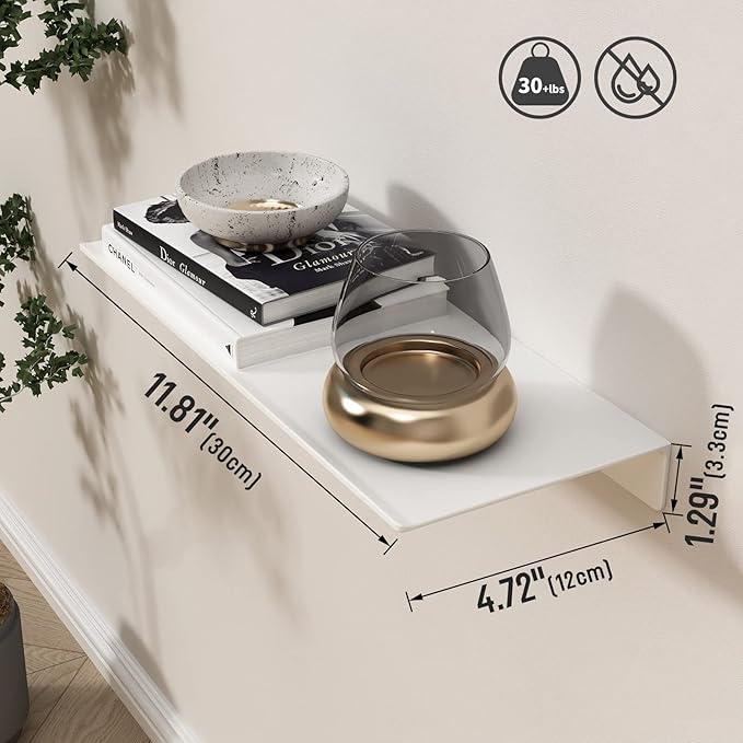 Danpoo 12 inch White Metal Wall Shelf Small Floating Shelf for Wall Organizer & Storage, Display Shelf for Bathroom, Living Room, Kitchen, Bedroom