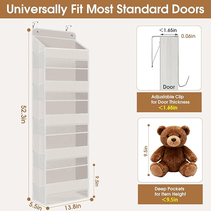 WISELIFE Over the Door Organizer Storage with 5 Large Pockets, Door Hanging Organizer with Clear Windows, Behind the Door Storage for Nursery Bedroom Bathroom Pantry Closet and Baby Essentials, Beige