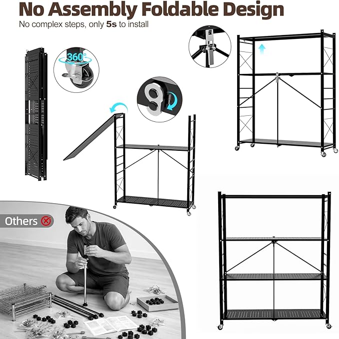 39.4" Wide 4-Tier Foldable Storage Shelves with 4 Wheels & 20 Hooks, Heavy Duty Metal Folding Shelf Unit, No Assembly, Adjustable 3rd Shelf for Kitchen, Garage, Pantry, Bookshelf, Black