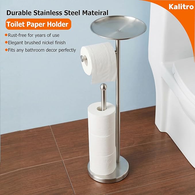 Kalitro Toilet Paper Holder Freestanding with Big Shelf, 4 Rolls Reserve Paper Holder Stand, Modern Paper Roll Holder with Storage Space for Phones (Brushed Nickel)