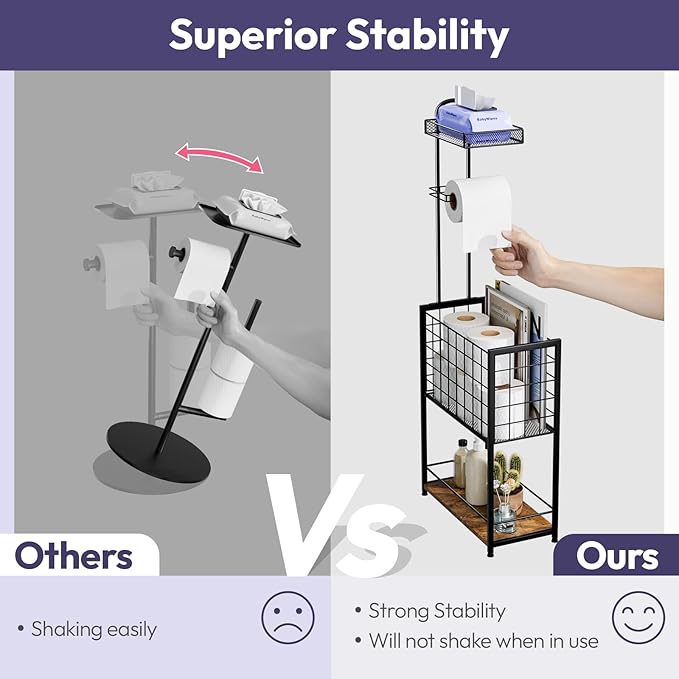 SWTYMIKI Freestanding Toilet Paper Holder - 4-Tier Free Standing Toilet Paper Holder Stand with Large Basket, Stand Mega Roll Storage Rack for Extra Rolls, Magazines, Wet Wipes, Black