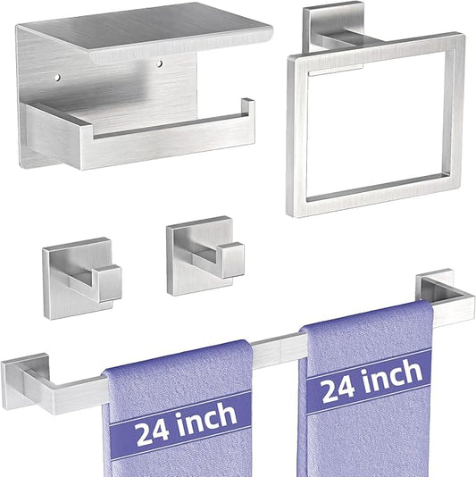 5-Pieces Bathroom Hardware Accessories Set, 24 Inch Stainless Steel Towel Racks for Bathroom, Towel Bar Set Towel Ring Coat Hook and Toilet Paper Holder with Shelf Wall Mounted, Brushed Silver