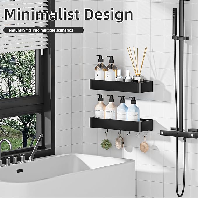 Wisfame Shower Caddy Adhesive, No Drill Rustproof Bathroom Shelf, 2 Pack Large Capacity Aluminum Shower Shelves, Shower Organizer Rack with 5 Removable Hooks,Black