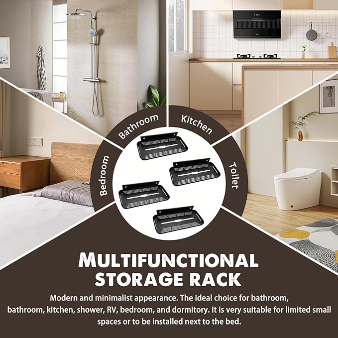 ACEXINYAN Wall Mounted Floating Shelf, Self Adhesive Shelf, No Drill Adhesive Wall Shelf, Floating Shelves Damage-Free Expand Walls Space for Living Room Kitchen Bathroom (4, Black)