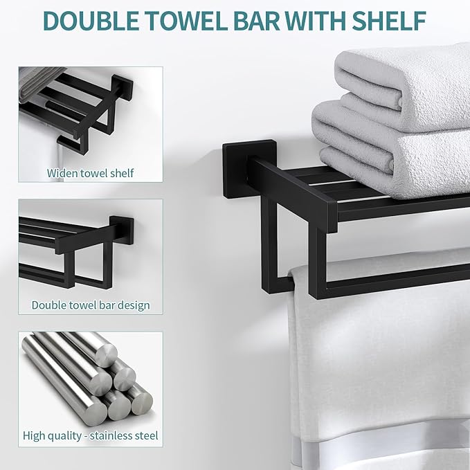 Double Towel Bar, 24 Inch Towel Racks for Bathroom Wall Mounted, Bathroom Towel Rack, Towel Rack with Shelf, Stainless Steel Hand Towel Hanger, Bath Towel Holder for Wall, Black