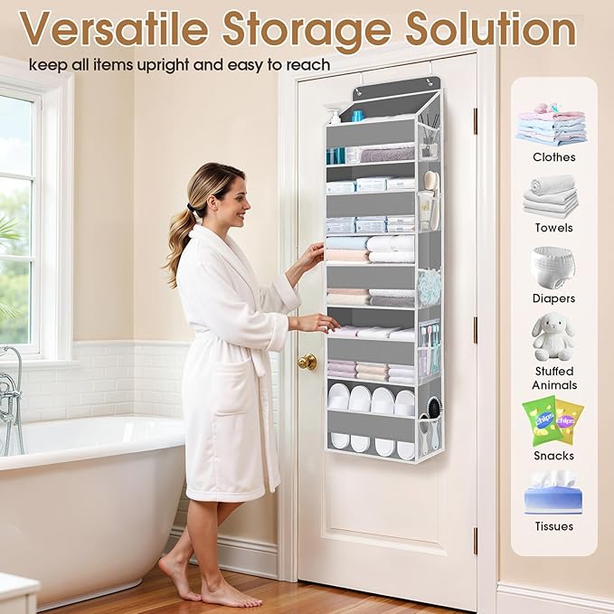 WISELIFE Over the Door Organizer Storage with 5 Large Pockets and Clear Windows, Hanging Organizer for Nursery Bedroom Bathroom Pantry Closet and Baby Essentials, Grey