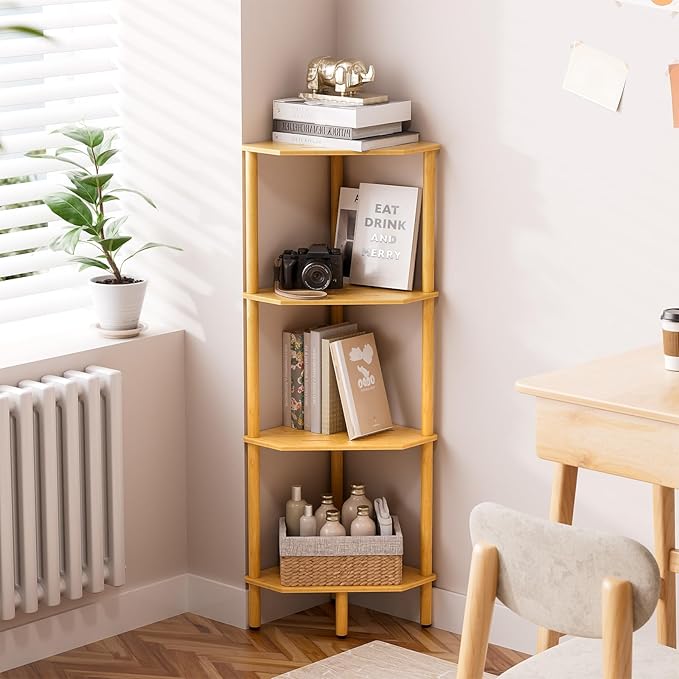 Corner Shelf Stand, 4 Tier Bamboo Corner Organizer, Narrow Tall Bookcase, Corner Shower Caddy, Plant Display Shelf, Open Storage Shelves for Living Room, Kitchen, Office, Balcony, Bathroom