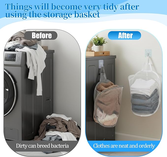 2 Pack Mesh Foldable Hanging Laundry Hamper, Small Wall Laundry Baskets Space-Saving Wall Hamper Portable Dirty Clothes Organizer for Home, Dorms, Hotels, RVs Grey White