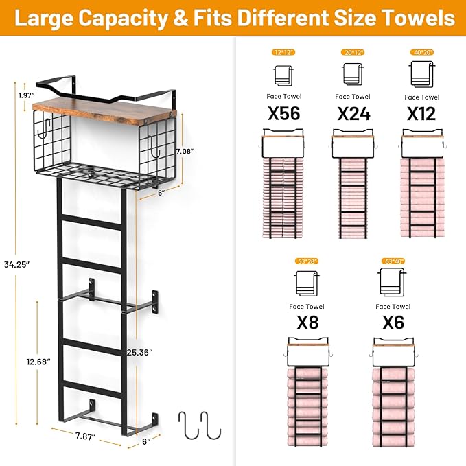 Towel Racks for Bathroom, 34IN Towel Rack Wall Mounted with 2 Pack Towel Shelf and a Wire Basket, Rolled Towel Holder Shelf Bathroom Storage and Organizer, Sturdy Metal & Wood, Black