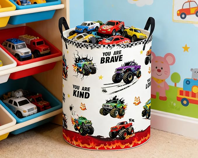 ESSME Kids Laundry Basket,Monster Truck Hamper Collapsible Canvas Storage Bin for Boys, Cute Hamper,Gift Baskets(Flame Truck)